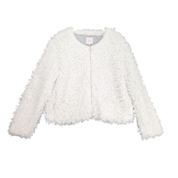 Candie's Women's L/XL Off-White Fluffy Faux Fur Fleece Full-Zip Teddy Jacket Y2K - Picture 1 of 6
